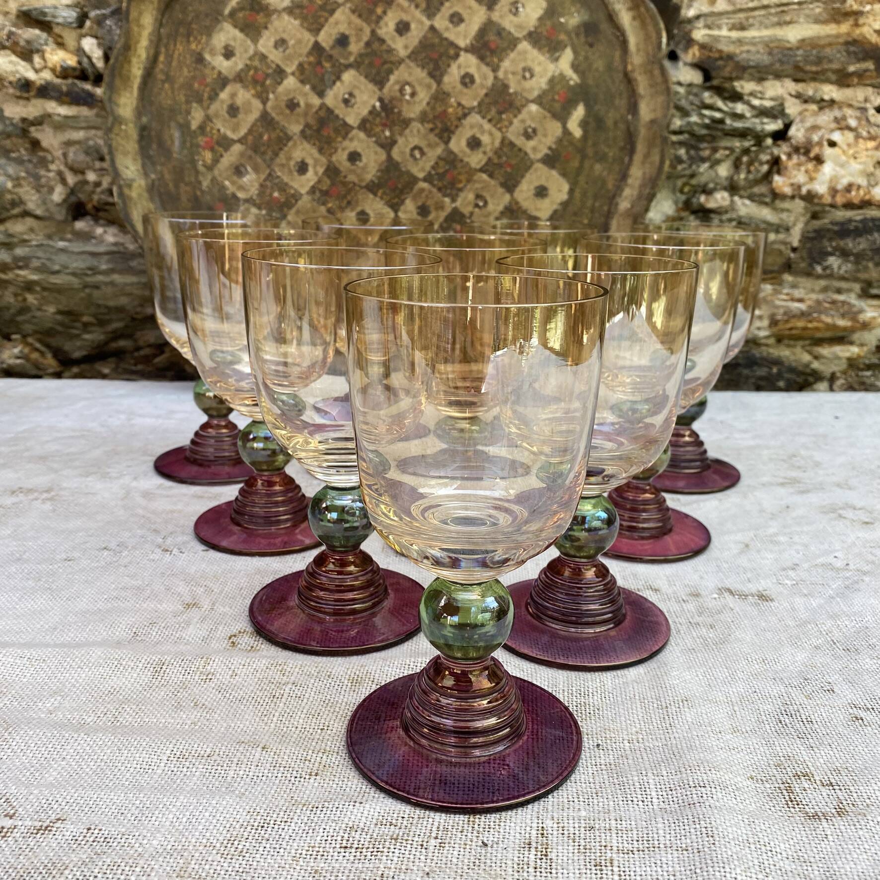 Vintage coloured tinted glass footed glasses