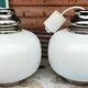 Pair of vintage suspensions in glass/white and silver