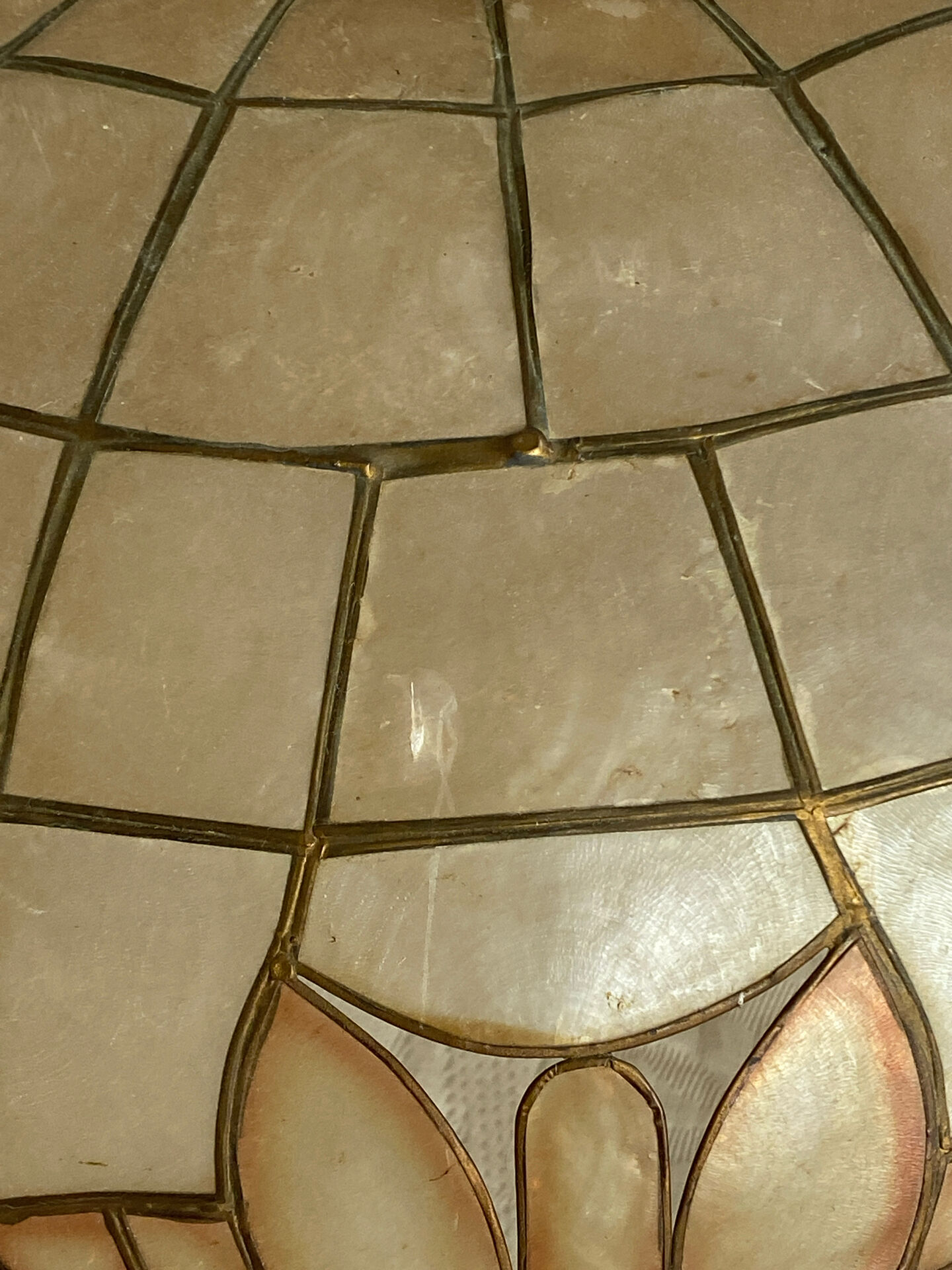 Large mother-of-pearl and brass chandelier with floral decoration.