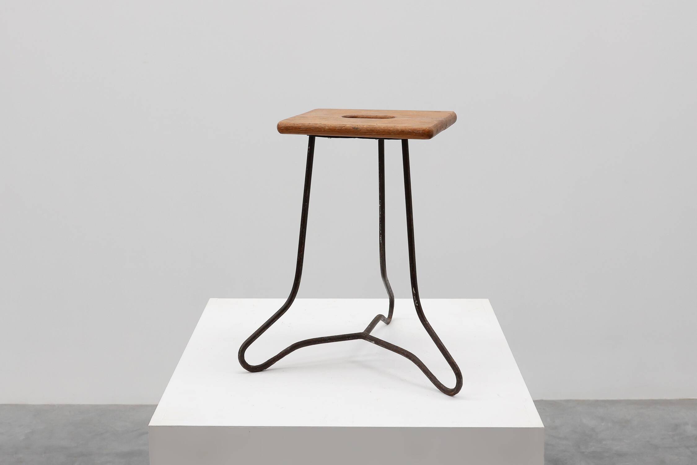 Modernist Industrial Iron and Oak Split Slats Stool, France ca. 1910