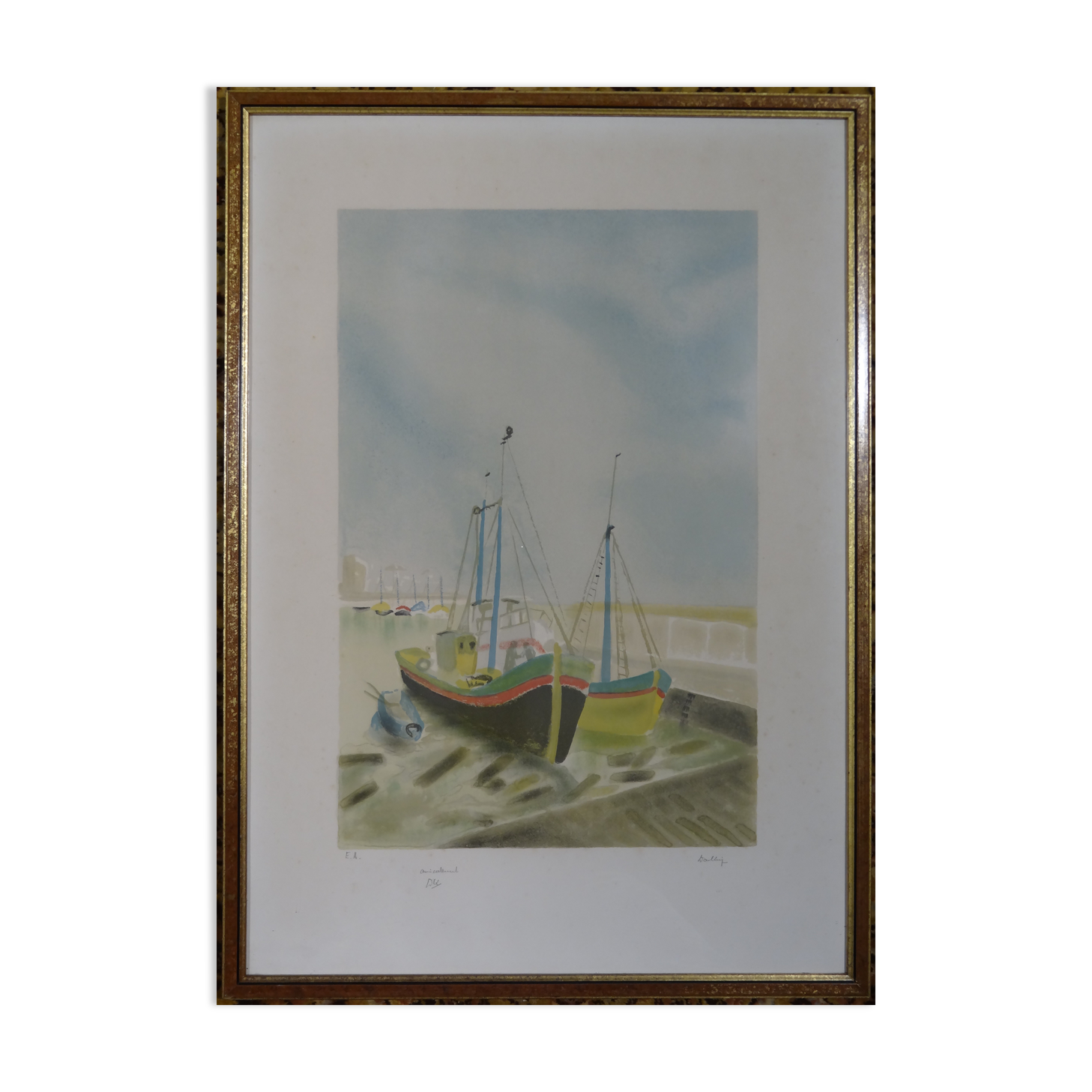 Lithograph sailboats in port 57 x 79 cm