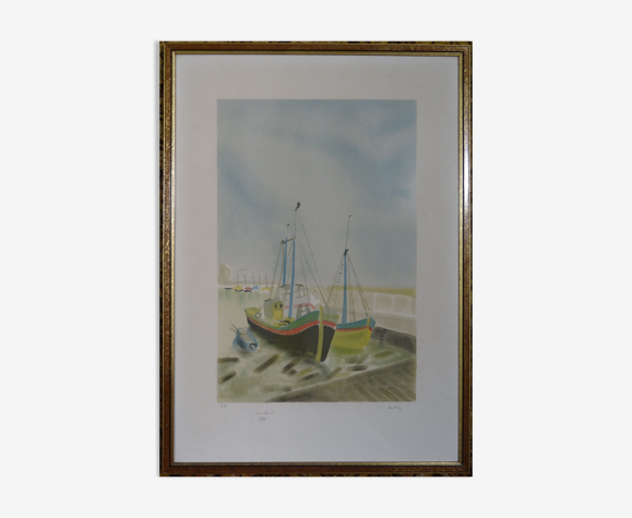 Lithographie voiliers au port 57 x 79 cm