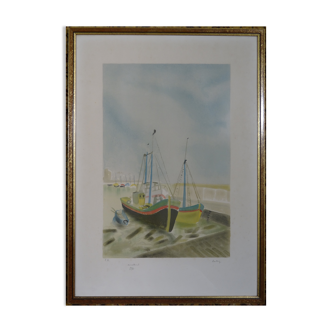 Lithograph sailboats in port 57 x 79 cm