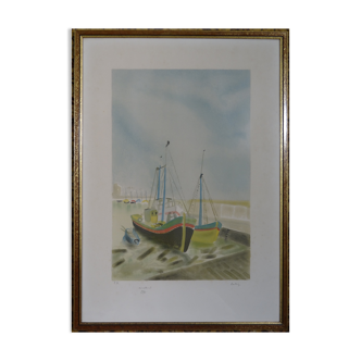 Lithographie voiliers au port 57 x 79 cm