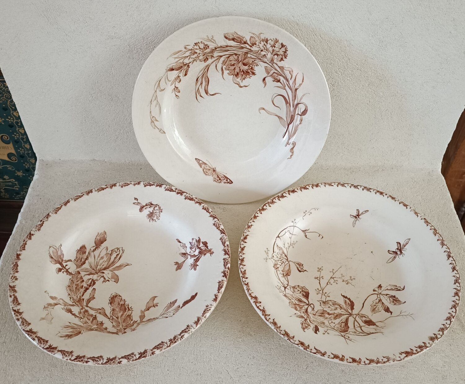 3 plates of iron earth mismatched Gien