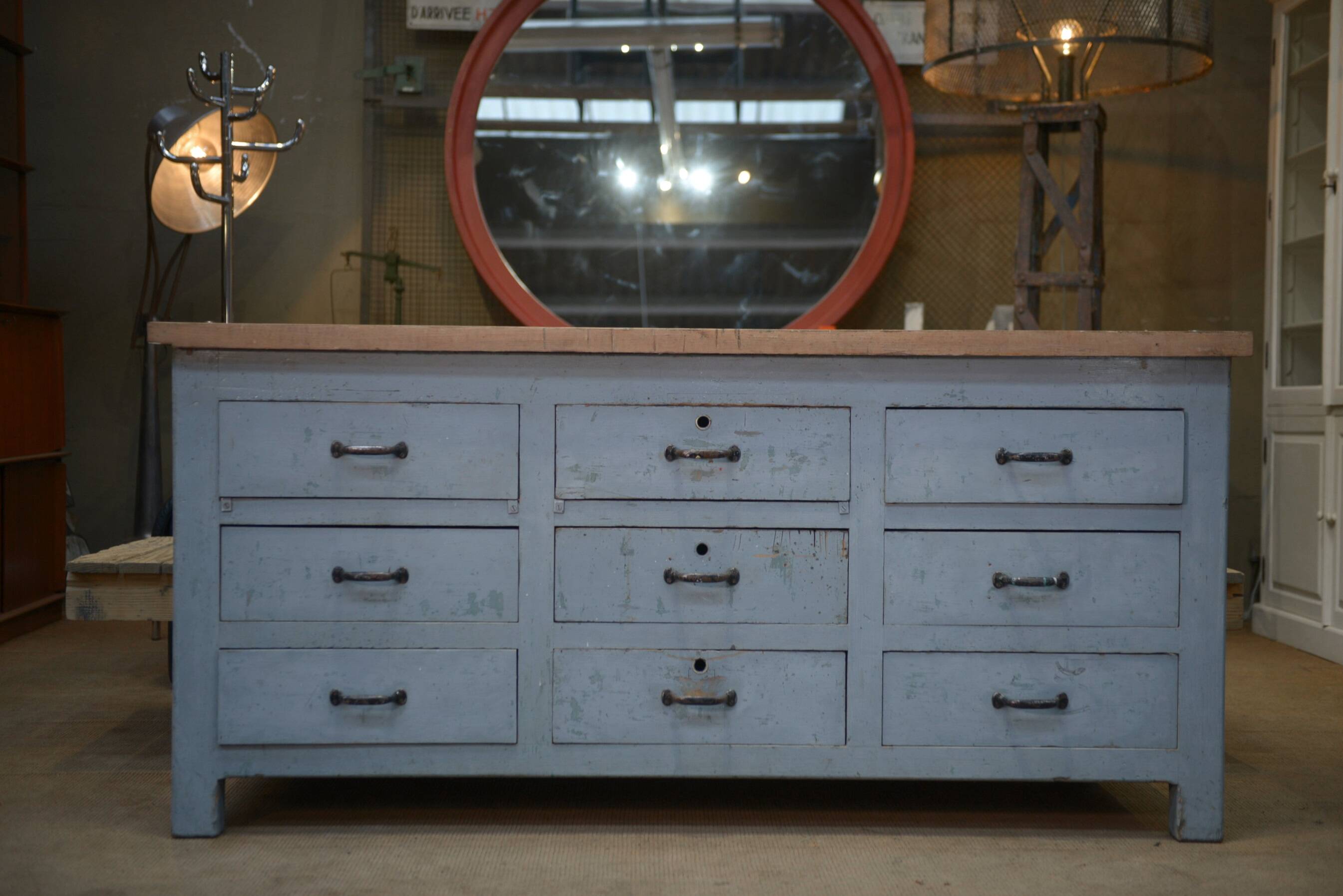 Original 1950s gray patinated 9-drawer craft cabinet