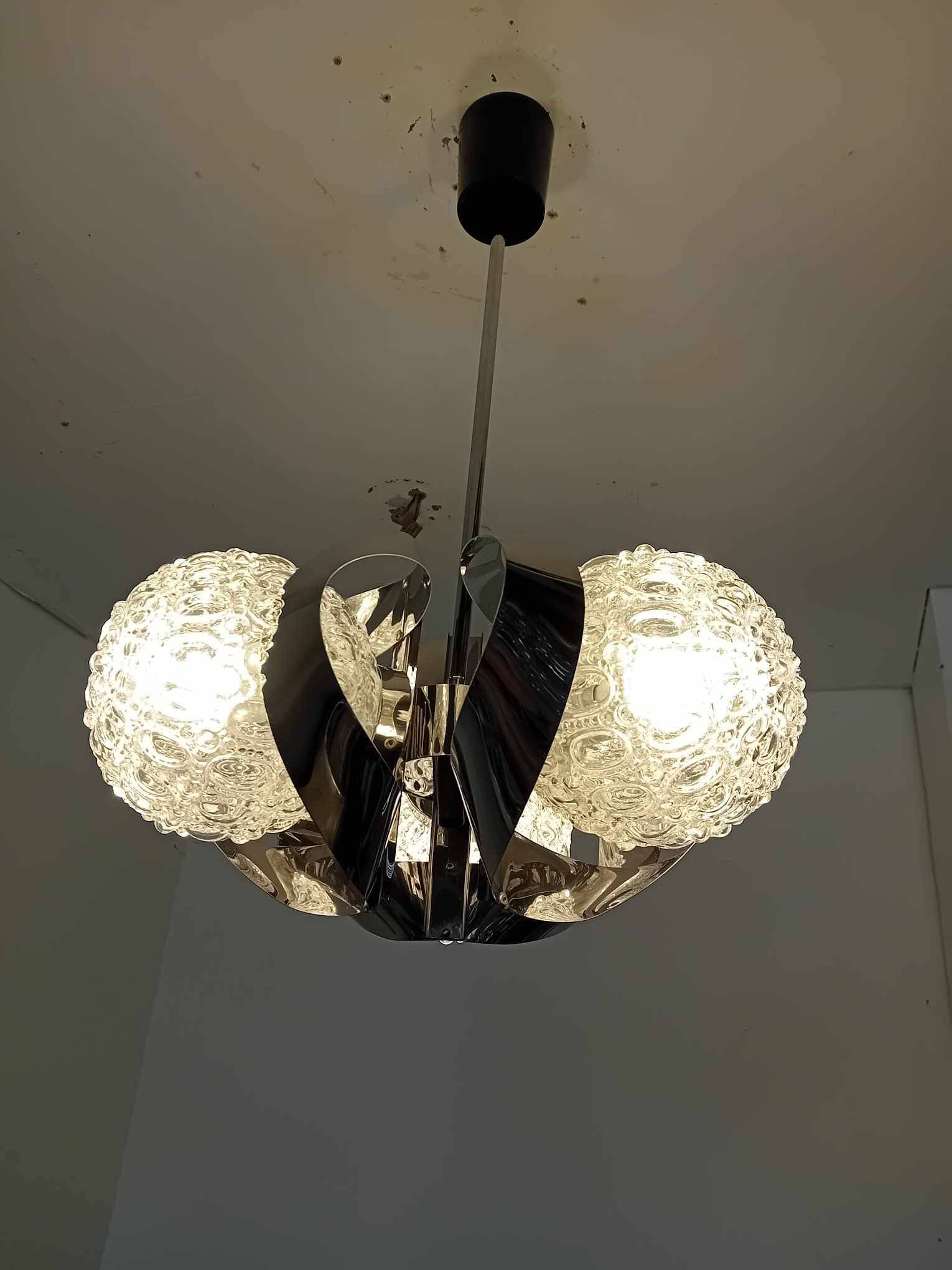 3 ball chandelier with stainless steel frame from the 70s Space Age