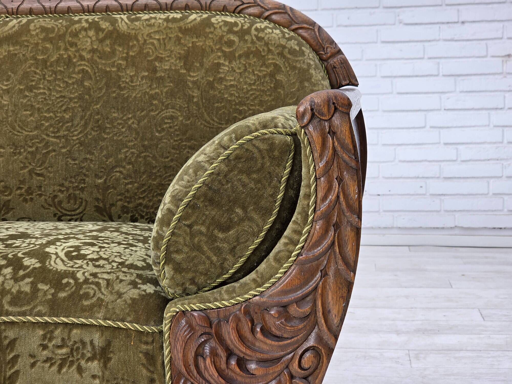 1950s, Danish 3-seater sofa, green furniture velour, oak wood.