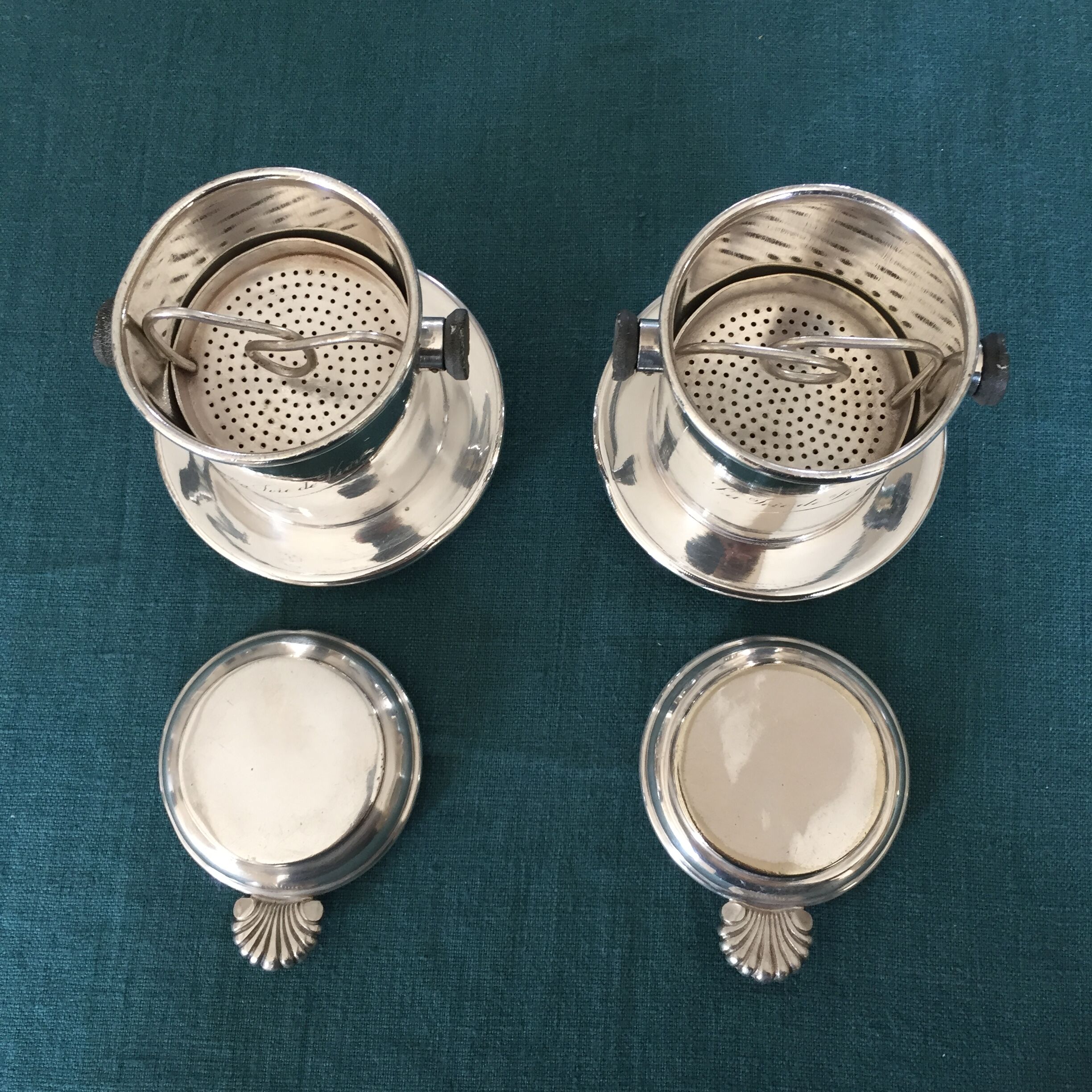 Duo of old coffee filters in silver metal Félix Frères