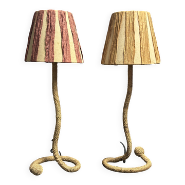 Paire de lampes de table en corde vintage françaises dans le style d'Audoux & Minet.