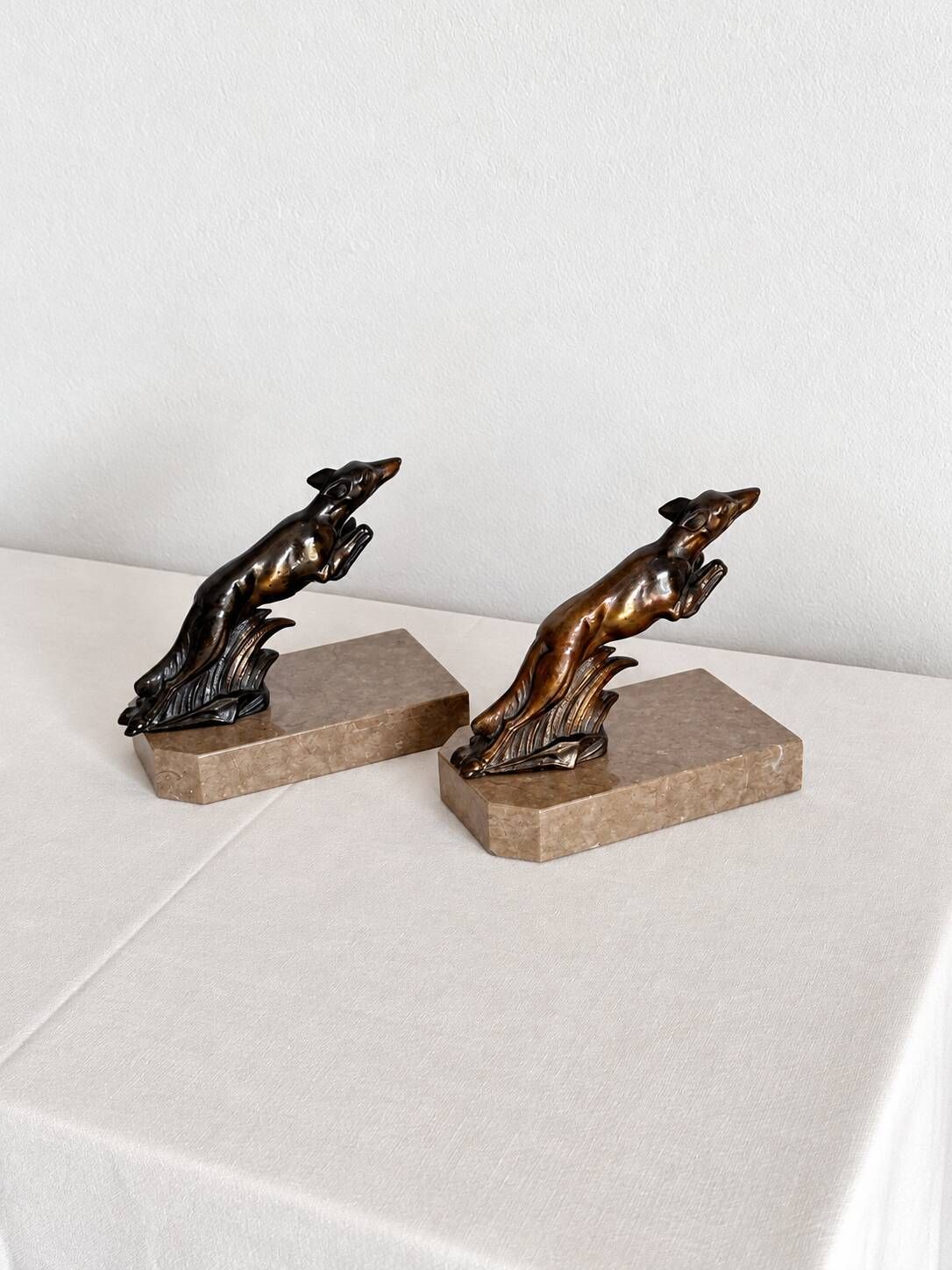 Marble and bronze metal bookends, Art Deco, greyhound, bookshelf.