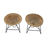 1960s pair of rattan woven basket chair with hairpin legs