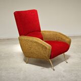 Red and mustard yellow fabric armchair in 1970s style