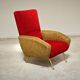 Red and mustard yellow fabric armchair in 1970s style