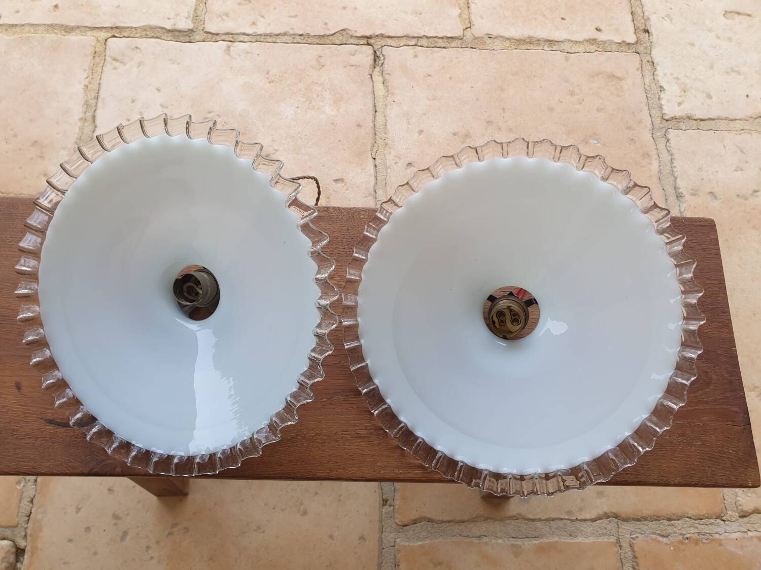 Pair of old opaline pendant lights