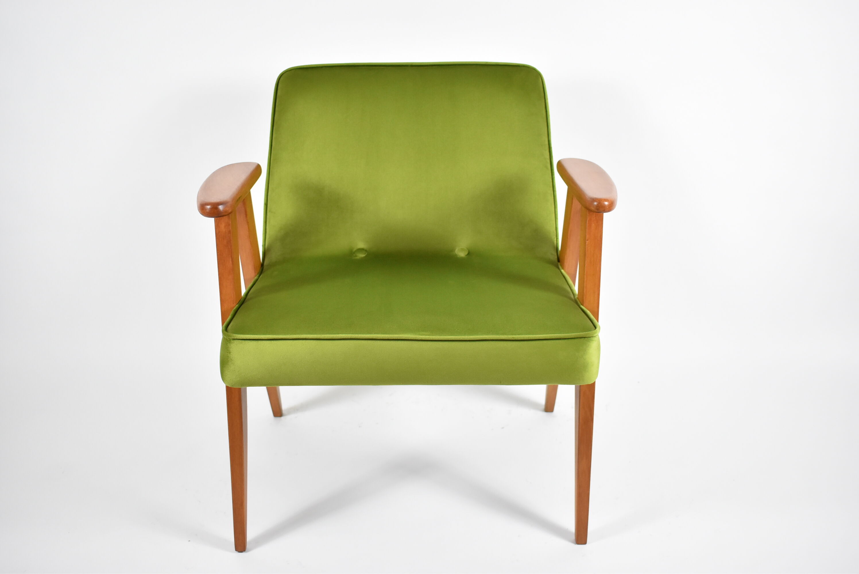 Club armchair 366, designer J. Chierowski, restored, 60s icon, green velvet