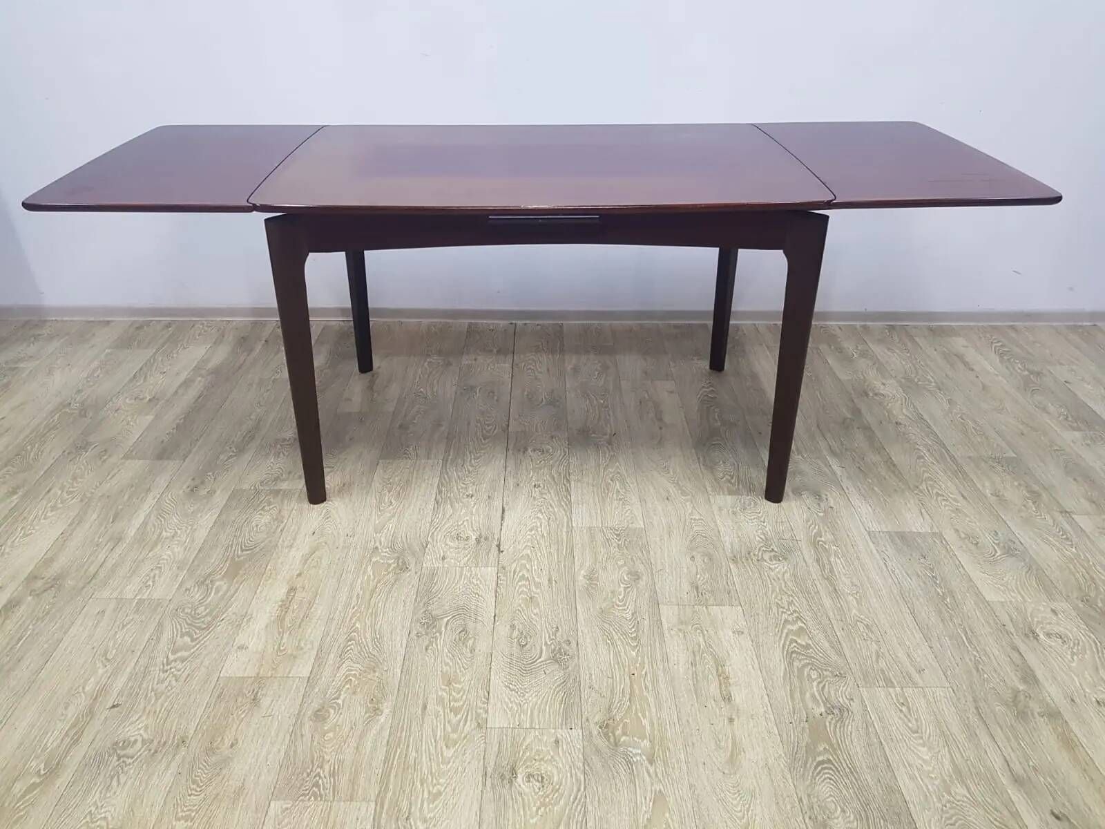 Table and four chairs set, brown wood, beige fabric, Denmark, 1970s.