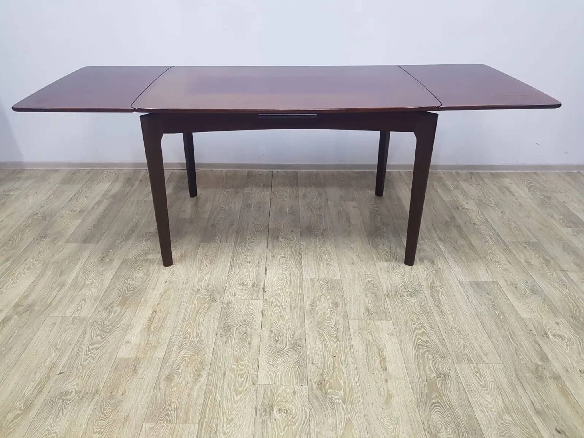 Table and four chairs set, brown wood, beige fabric, Denmark, 1970s.