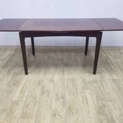 Table and four chairs set, brown wood, beige fabric, Denmark, 1970s.