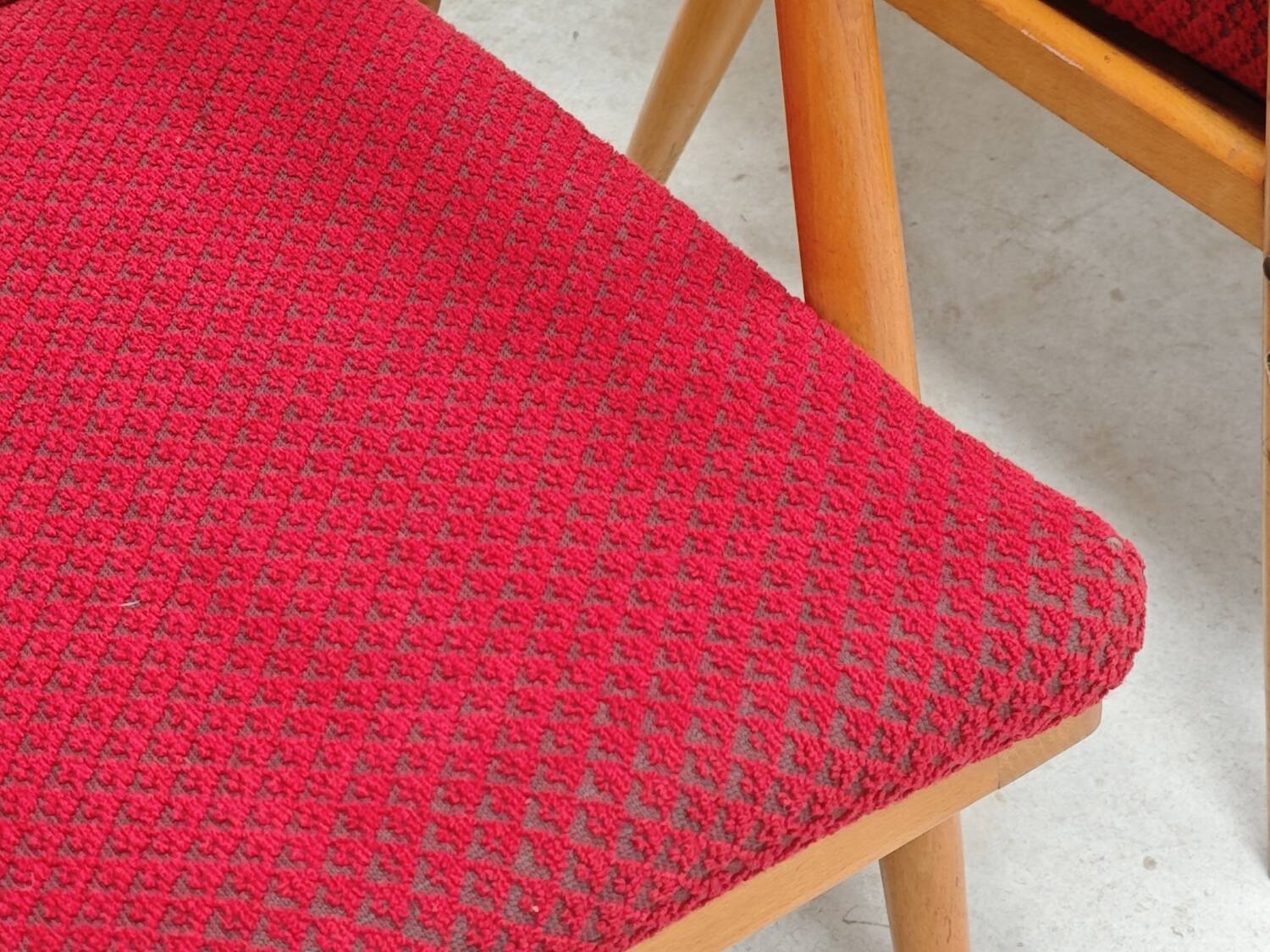 Pair of red Boomerang armchairs by Antonin Suman for Ton Bystrice Thonet