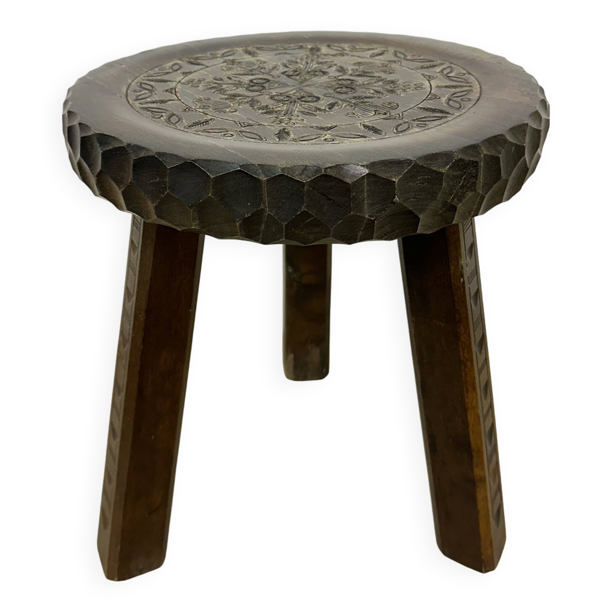 Hand carved solid oak brutalist stool , 1970s