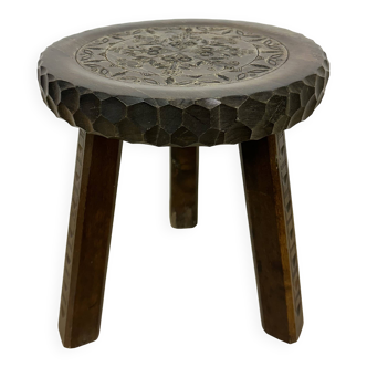 Hand carved solid oak brutalist stool , 1970s
