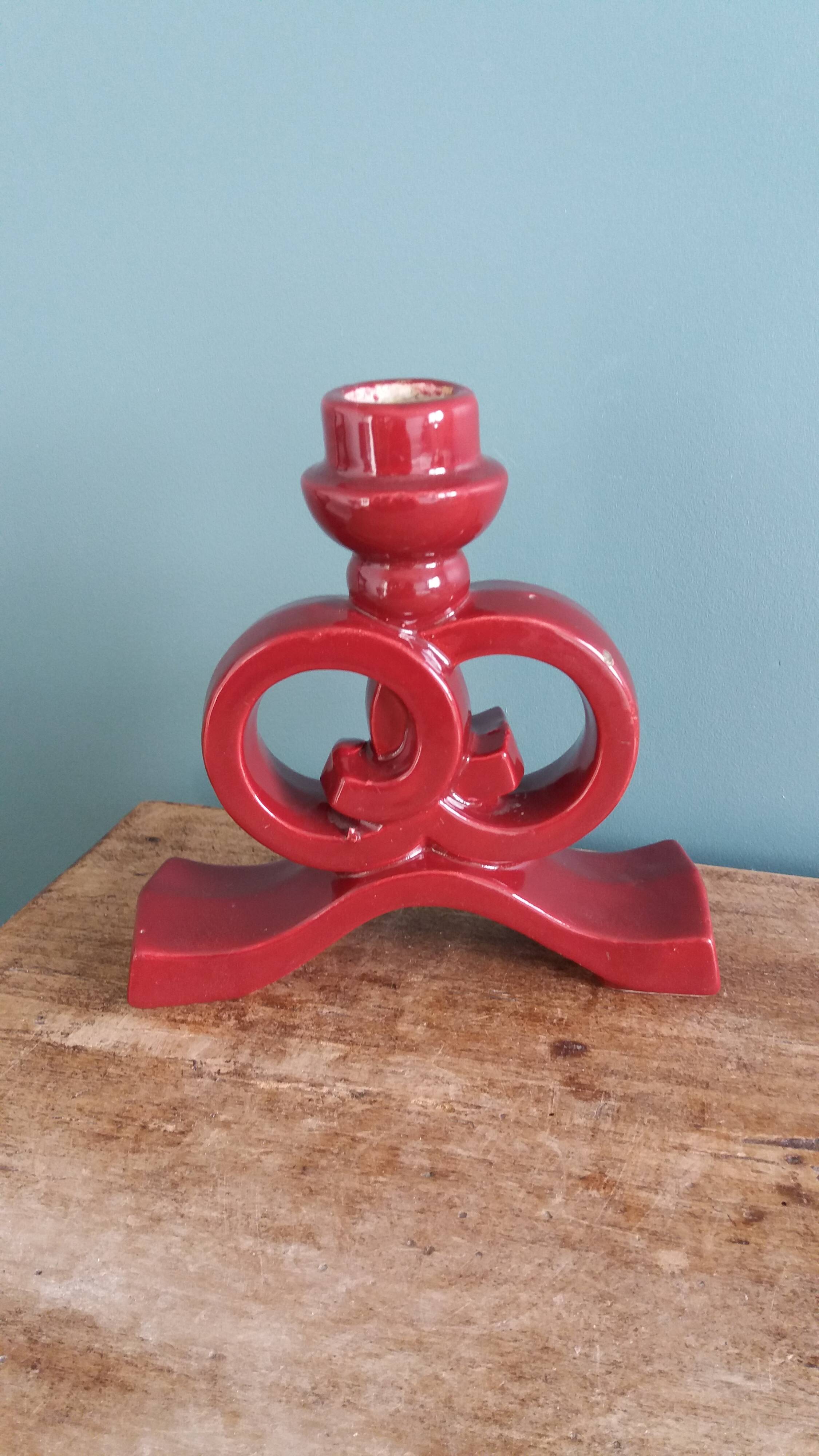 Art Deco ceramic candlestick, burgundy