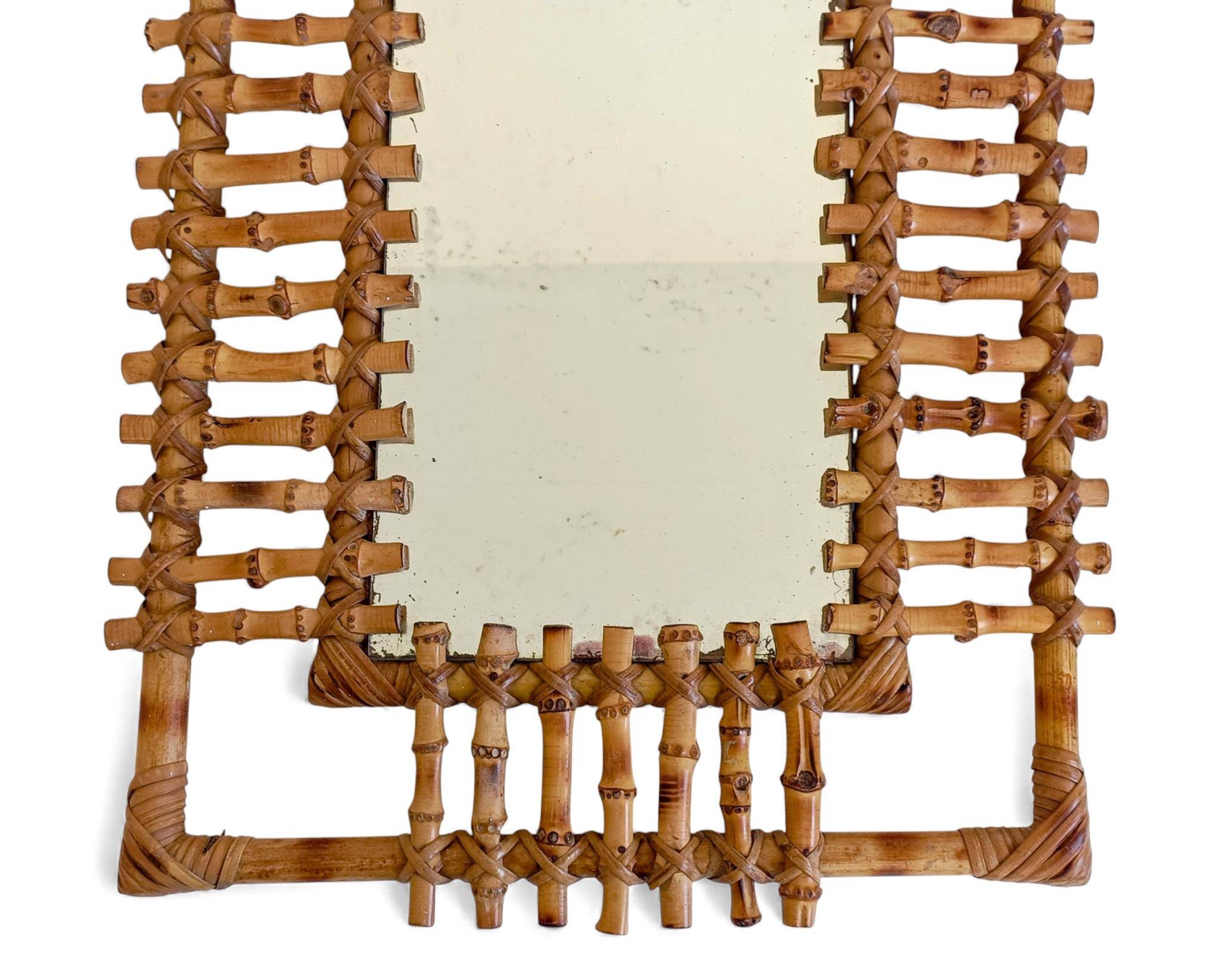 Mid-Century Bamboo & Rattan Mirror With Patina, French Riviera Style, 1950s