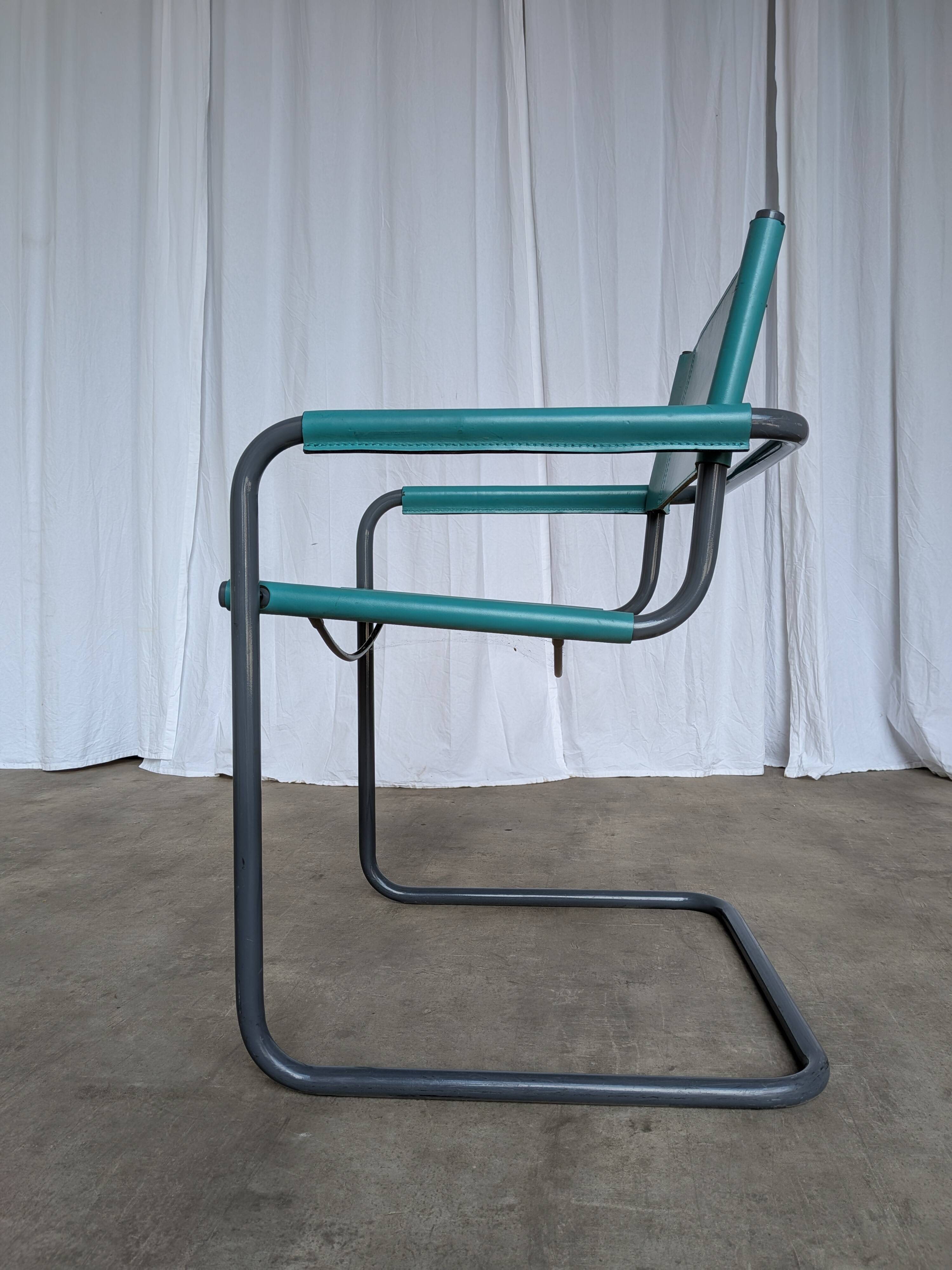 Vintage Mart Stam Style Armchair: Turquoise Leather, Black Chrome Cantileve