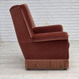 Fauteuil danois à dossier haut, années 1970, velours d'ameublement rose saumon, bois de hêtre.