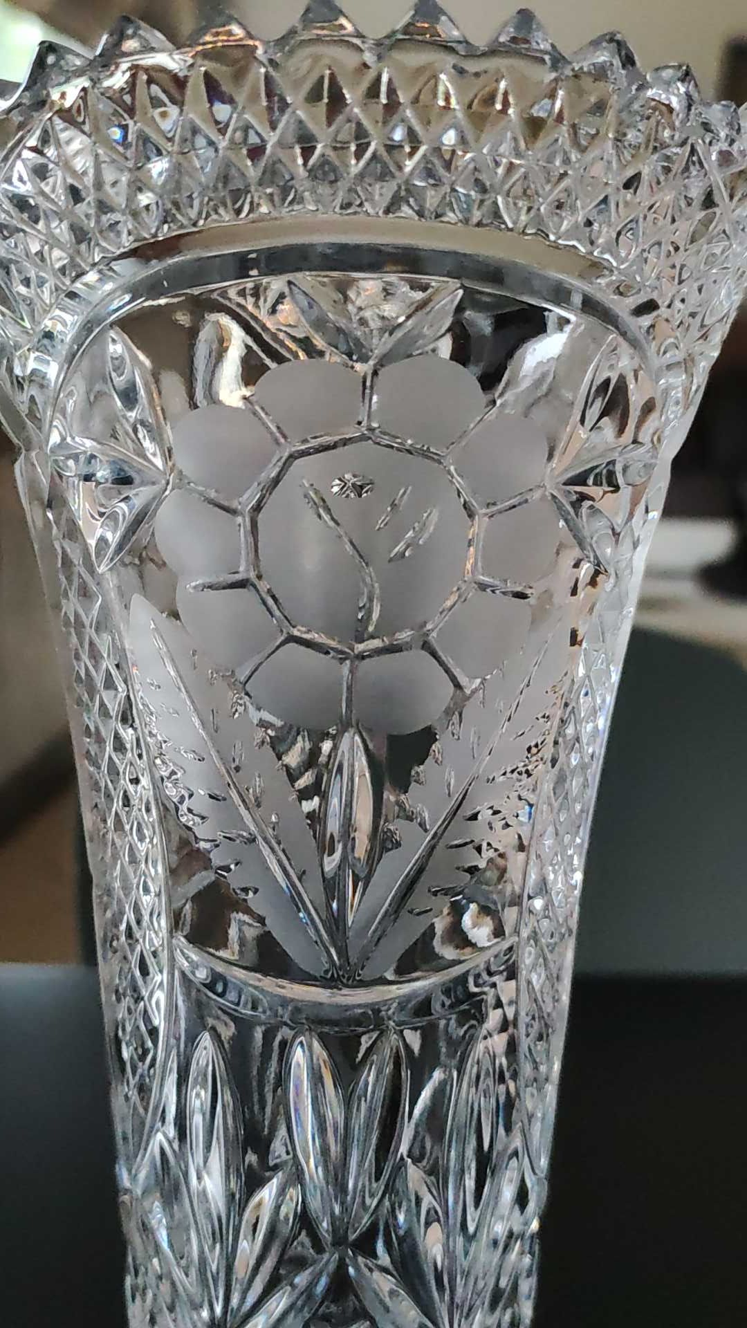 Vintage vase in stylish bohemian chic crystal, floral motifs, braces