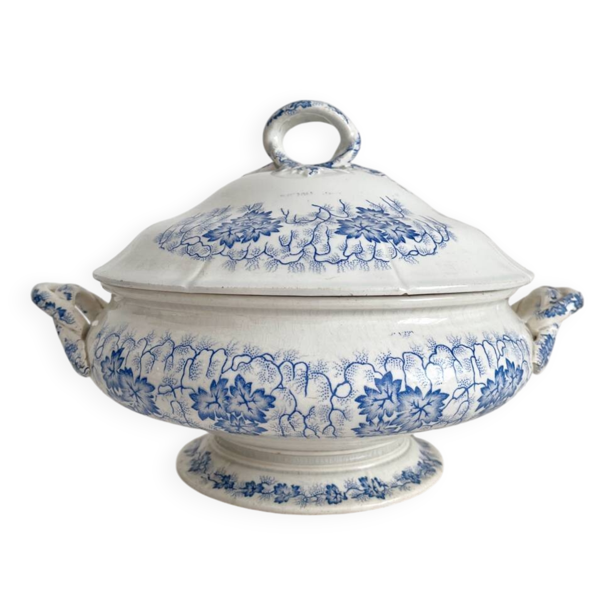 Antique ironstone tureen “Flora Lichen” Creil and Montereau