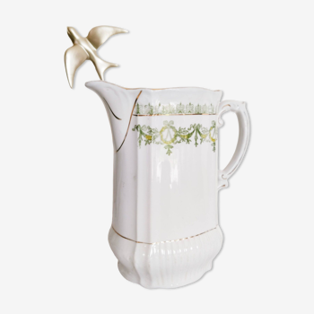 Pitcher, jug in English porcelain, green and gold, antique