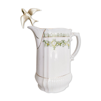 Pitcher, jug in English porcelain, green and gold, antique