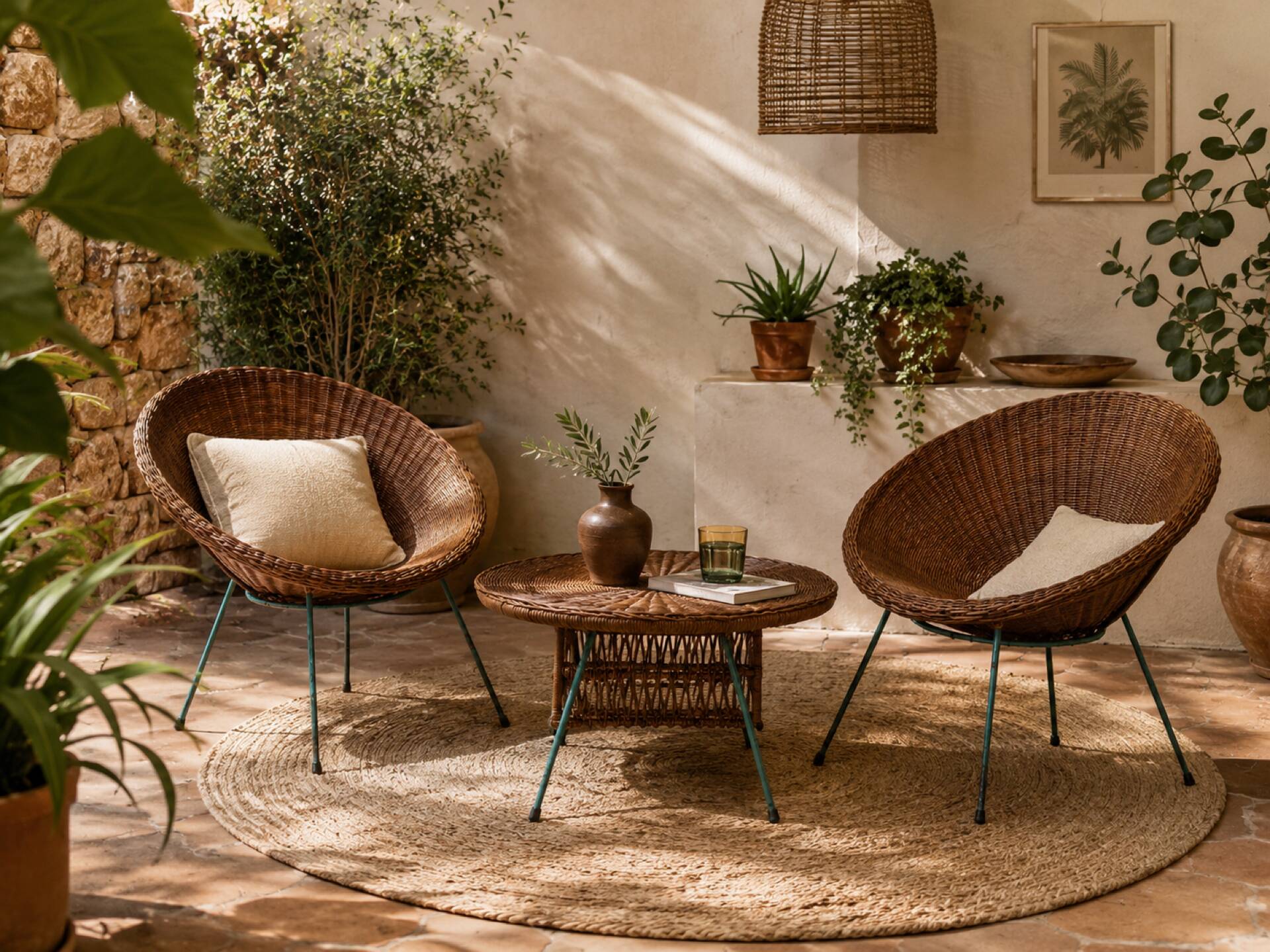 Ensemble vintage en rotin – 2 fauteuils & table basse – Années 60