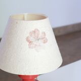 Red wooden lamp, herbarium-style lampshade, 70s