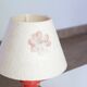Red wooden lamp with herbarium-style lampshade from the 70s