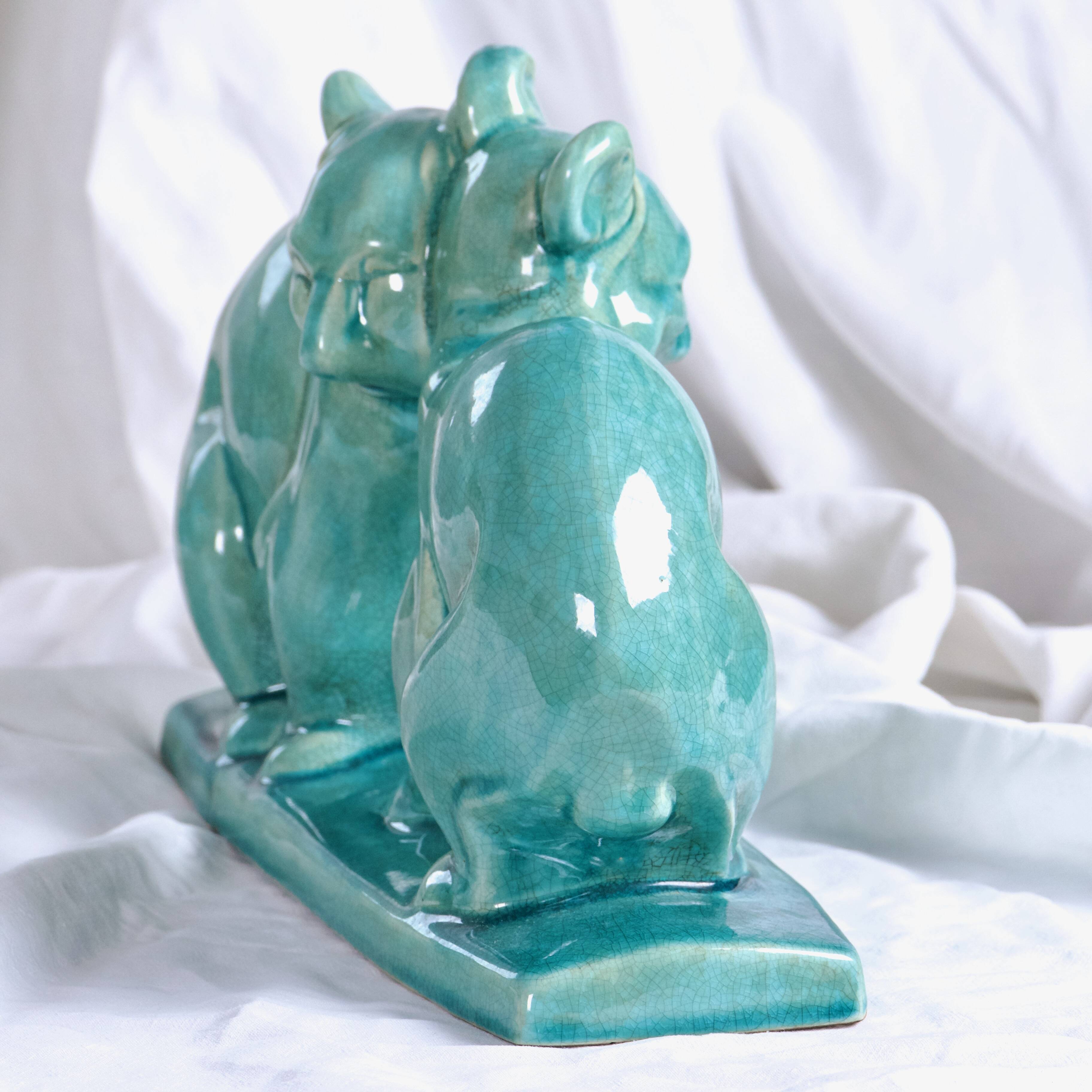 Art Deco Cracked Ceramic Teddy Bear Statue by LV Ceram