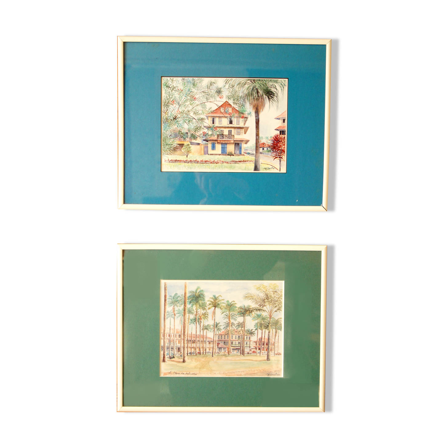Set de 2 affiches encadrées "La plage des Palmistes" & "La conscience" Guyane 1980