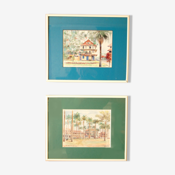 Set of 2 posters framed "La plage des Palmistes" & "La conscience" Guyane 1980