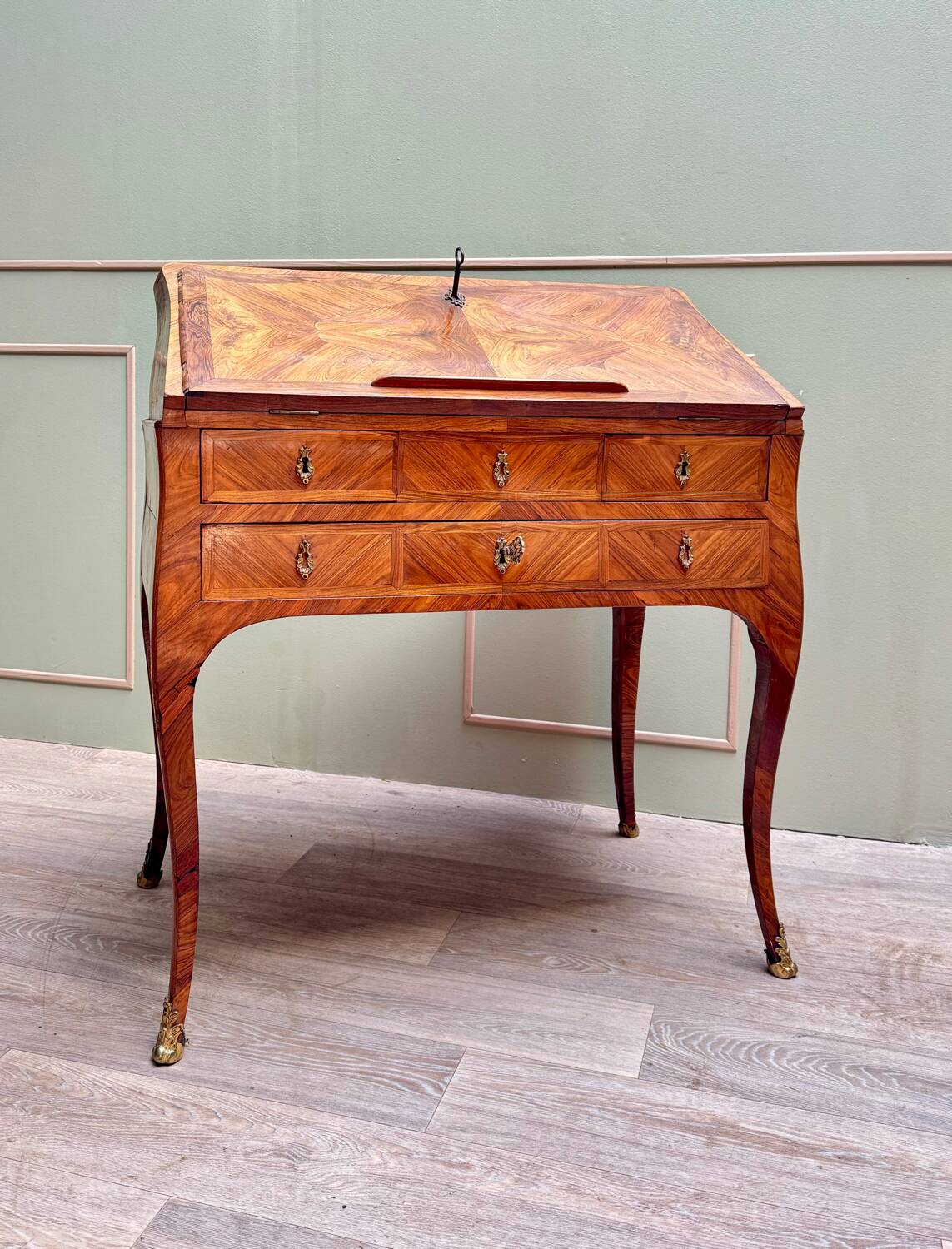 Carel Jacques-philippe Curved Sloping Desk In Louis XV Period Marquetry Stamped