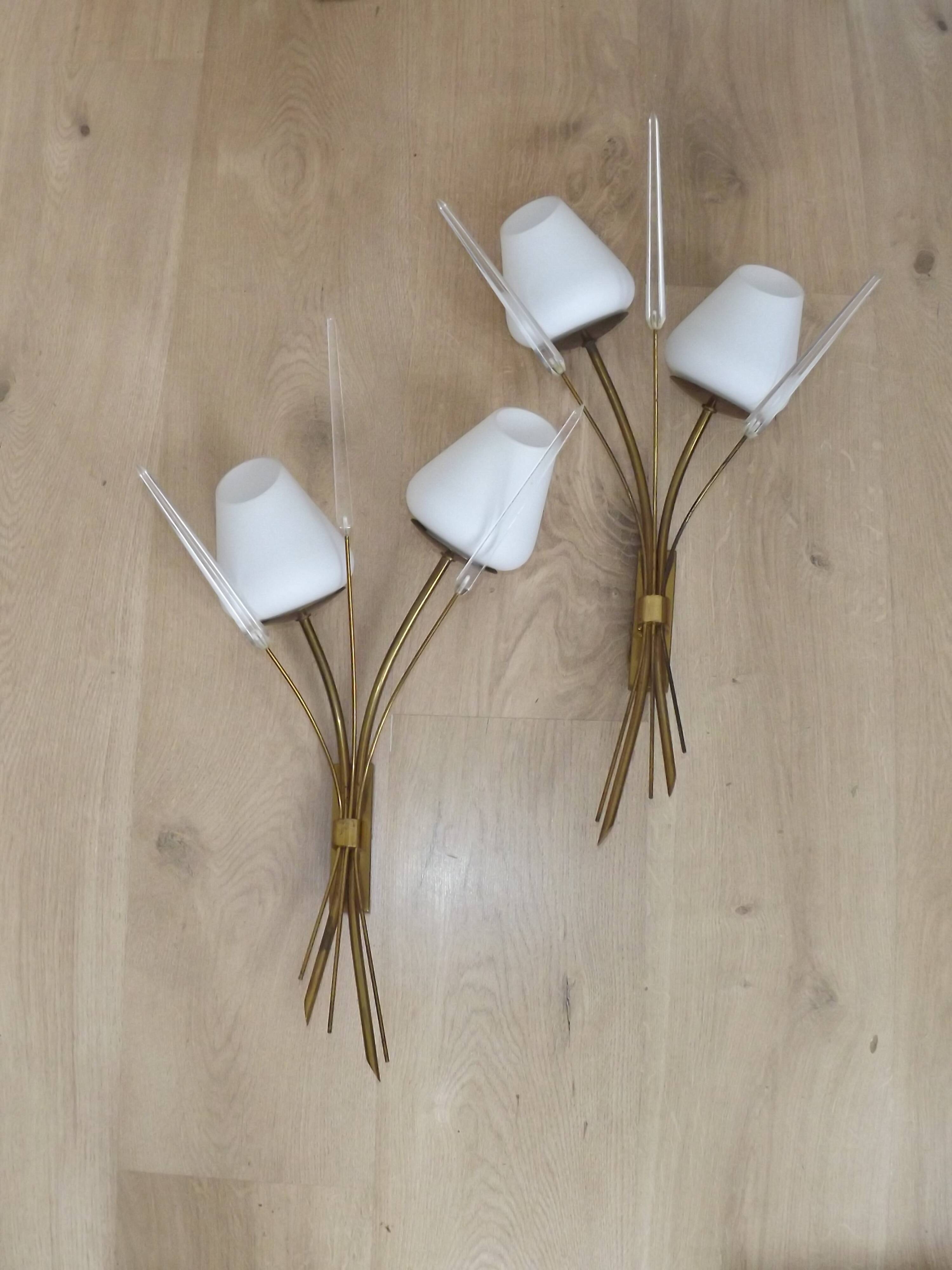 Mid-Century French Brass Sconces • Bullrush Design • Opaque Glass Shades