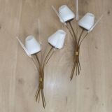 Mid-Century French Brass Sconces • Bullrush Design • Opaque Glass Shades