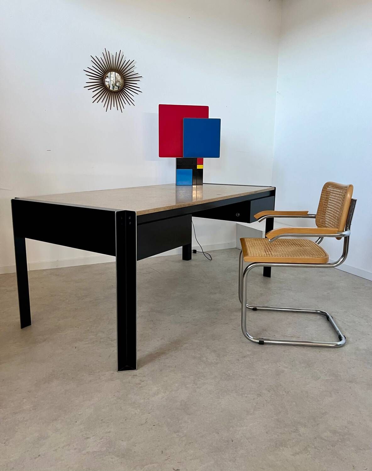 Italian design postmodern desk in metal and vintage 80s travertine top