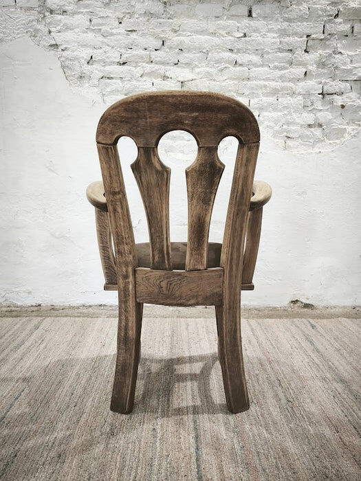 Dutch brutalist solid oak armchair with reupholstered leather seat, 1970s