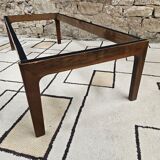 Table basse bois verre fumé vintage 1970"