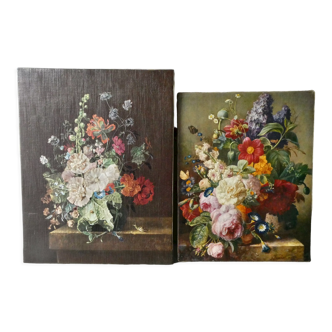 Pair of silkscreen prints on canvas, bouquets of flowers, Braun, 70s