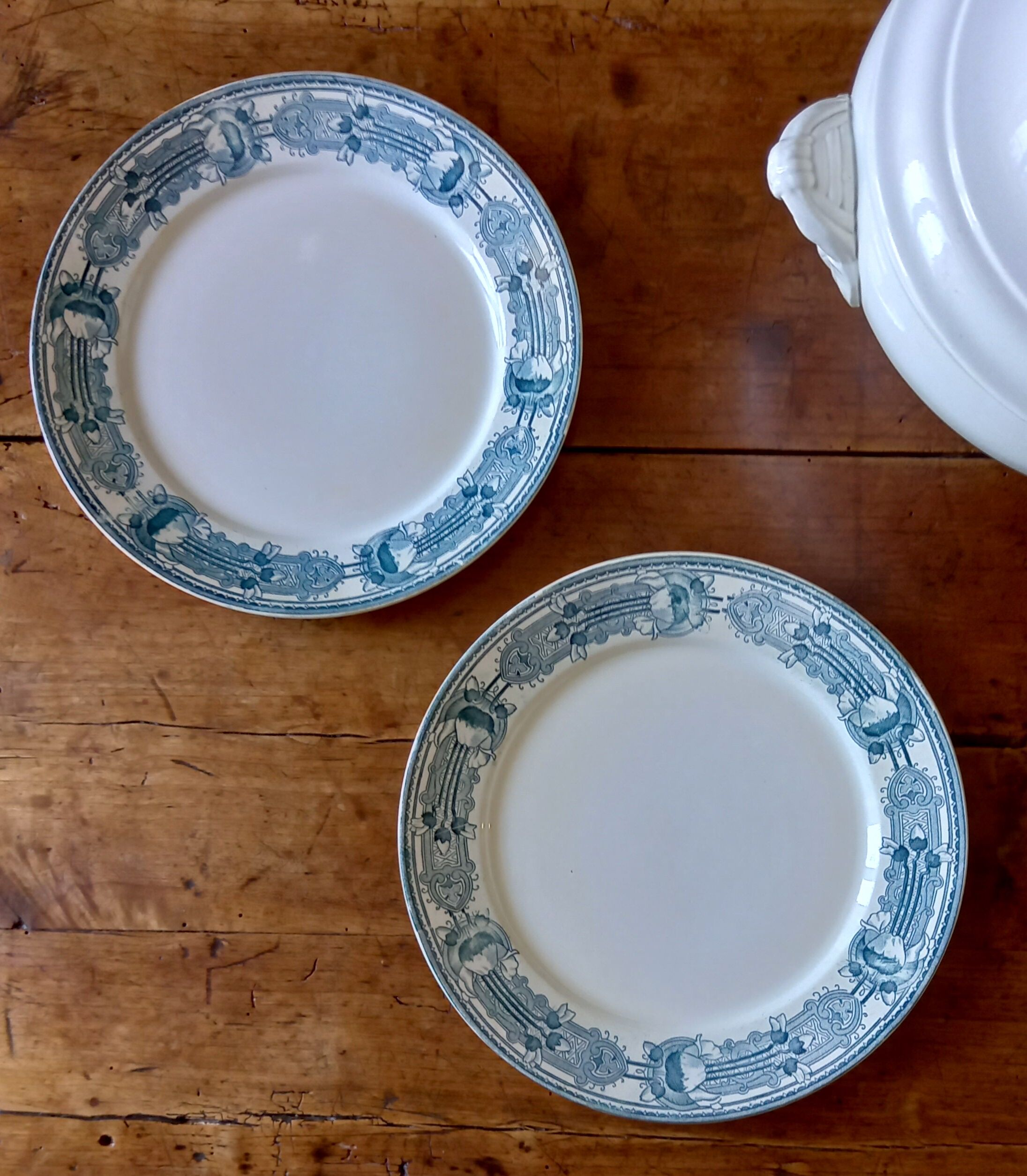 2 flat old plates (ø 25 cm) earthenware terre de fer creil montereau massena