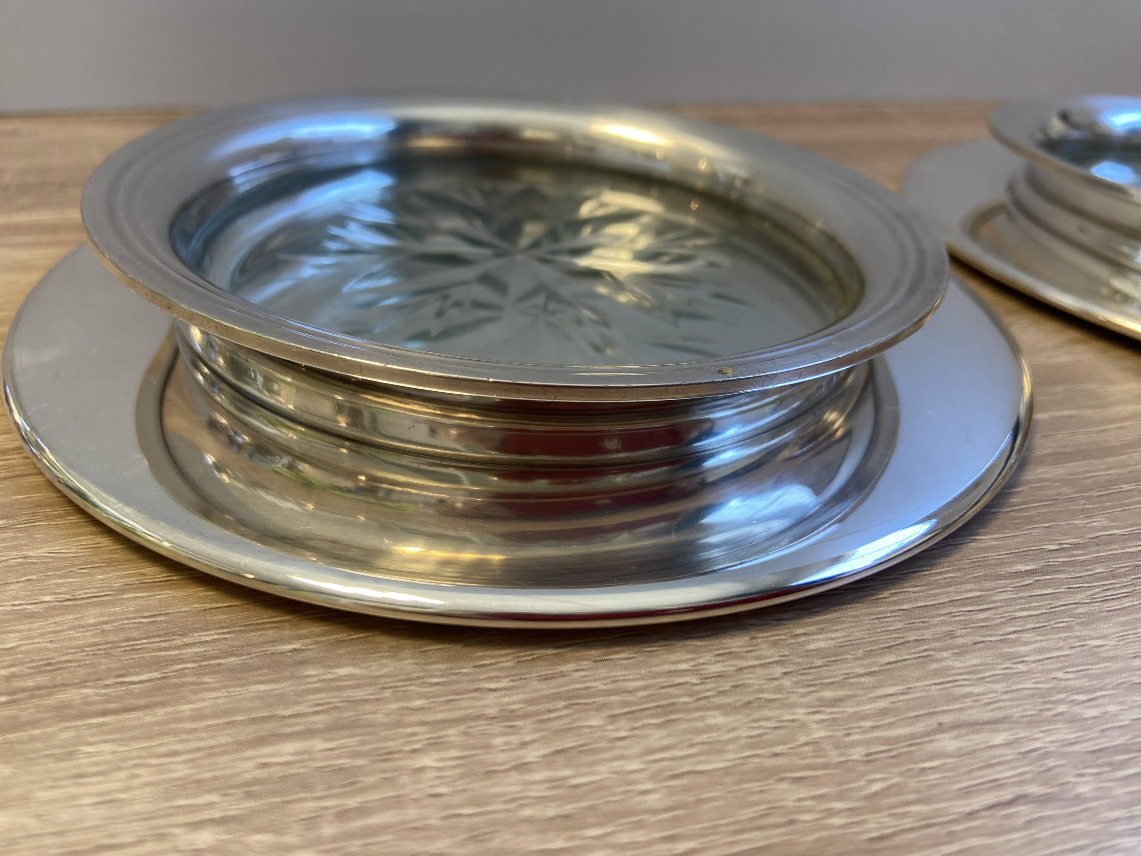 Lot Pair of Silver Metal Bottle & Glass Coasters with Hallmarks