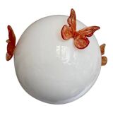 Italian Murano Style Glass Opalino Pendant With Red Butterfly